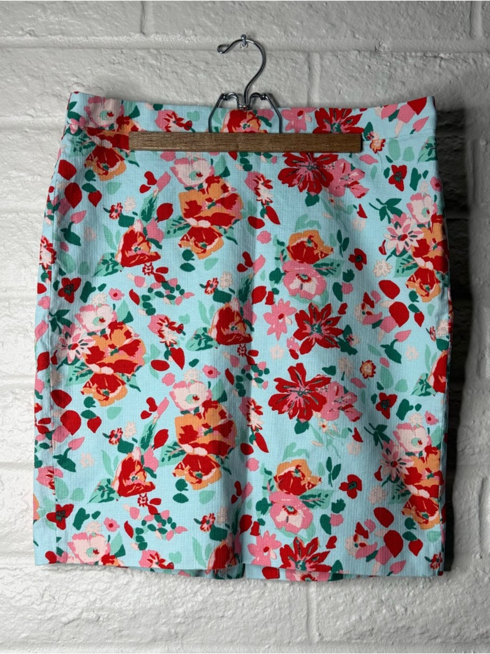 J CREW Factory Floral Pencil Skirt Size 14 Tiffany Blue Red & Pink Flowers